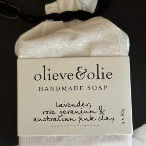 Lavender Rose geranium and pink clay soap in calico bag