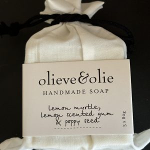 Lemon Myrtle handmade soap trio in calico bag