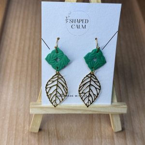 Green and gold leaf dangle earrings