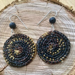 Hand-woven raffia earrings, hanging from hand-formed Argentium Silver hooks, with gemstones. Displayed on The Raffia Kat gift card | cutch & wax