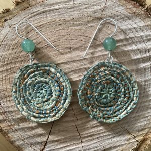 Hand-dyed hand-woven raffia earrings, hanging from hand-formed Argentium Silver hooks, with gemstones. Displayed on The Raffia Kat gift card, chlorophyll dyed.