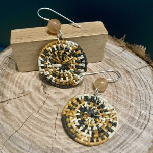 Hand-dyed hand-woven raffia earrings, hanging from hand-formed Argentium Silver hooks, with gemstones. Displayed on The Raffia Kat gift card. Dyed with fustic & cutch, with orange-coloured gemstones