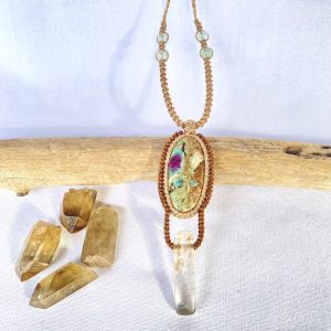 Ruby Fuschite And Quartz Handmade Macrame Crystal Necklace