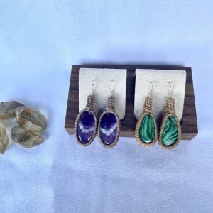 Malachite and Amethyst Handmade Macrame Crystal Earrings