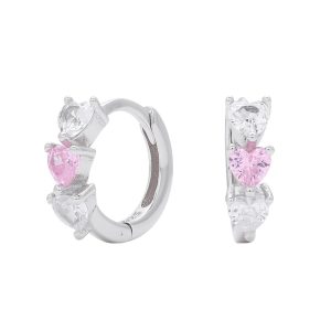A pair of sterling silver hoop earrings with heart cut pink and white cubic zirconia stones.