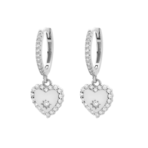 A pair of sterling silver hoop earrings with heart-shaped designs, adorned with white cubic zirconia stones and a star-set stone in the center of each heart.