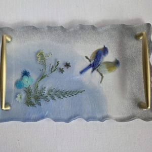 Resin Serving Tray - Birds Flowers Gold handles