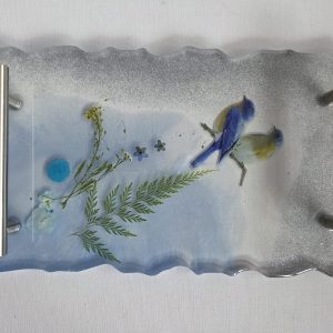 Resin Serving Tray - Birds Flowers Silver Handles