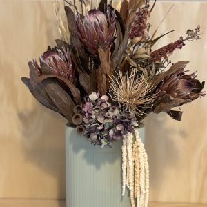 Large protea dried flower arrangement sage rippled vase