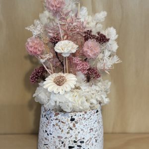 Terrazzo pot with pink/white dried flowers and daisies