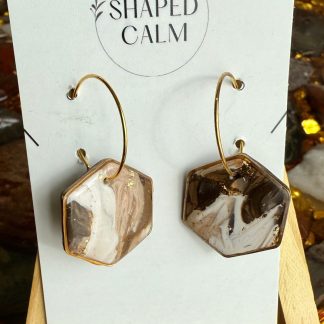 Neutral marble hexagon hoop earrings