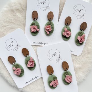 Green & Pink Floral Rose Earrings