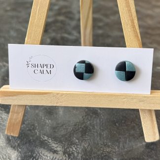 Teal and black checker round stud earrings